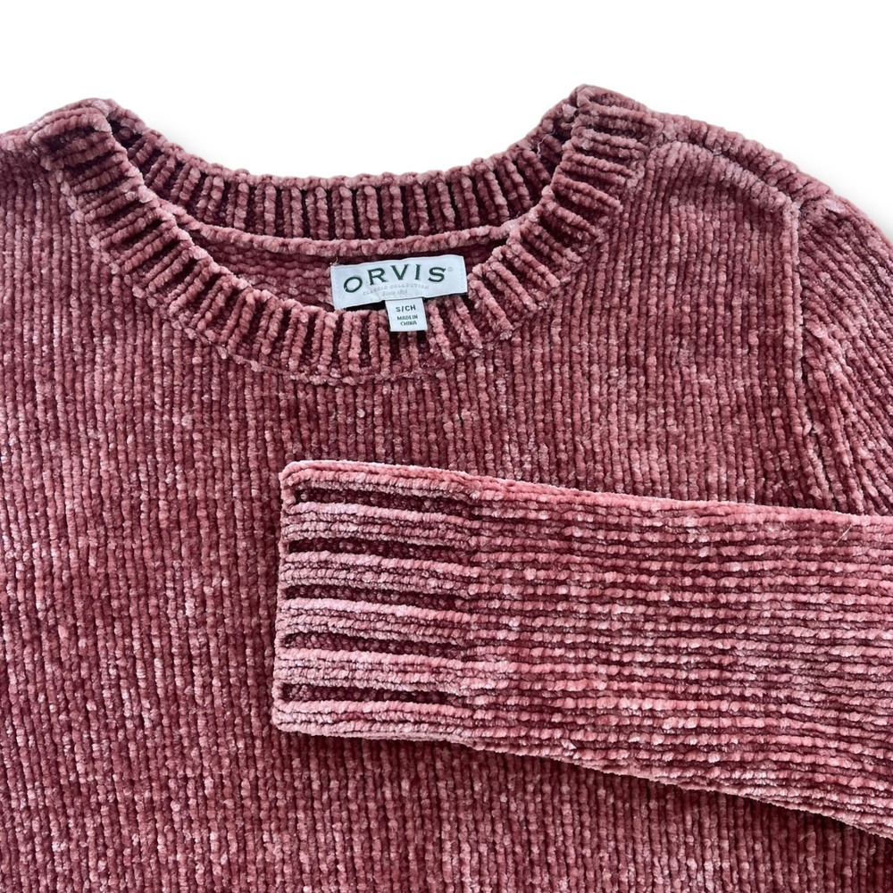 Orvis Women's S Dusty Rose Pink Chenille Knit Crew Neck Pullover Sweater Cottage